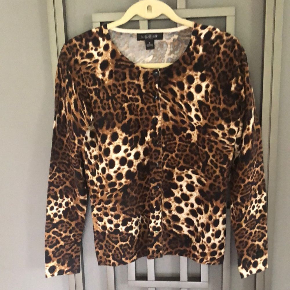 August Silk Leopard button down cardigan sweater M